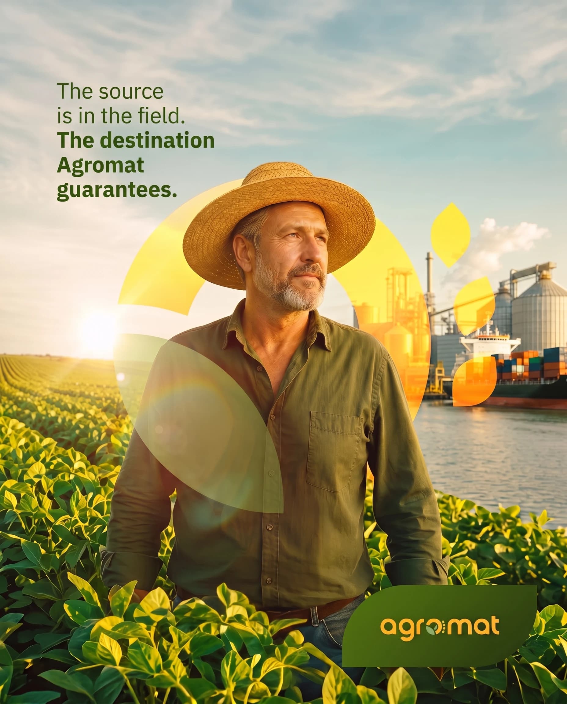 Farmer in a soybean field at dawn, with Agromat's industrial operation in the background